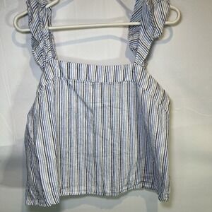 Line and Dot Linen Crop Ruffle Sleeve‎ Tank Top Shirt Medium Sleeveless Blue